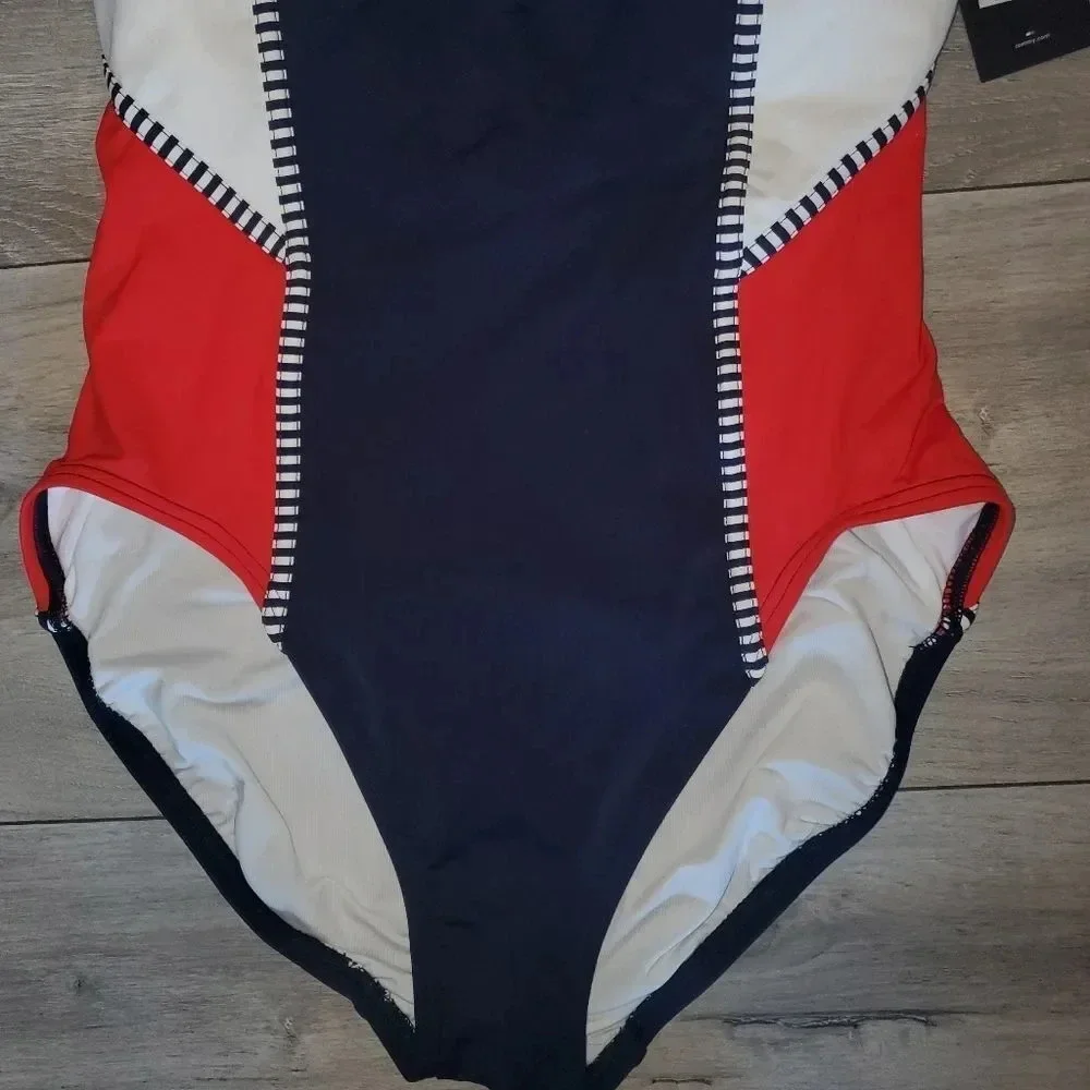 Tommy Hilfiger Womens Nomad Color Block V-Neck One Piece red navy white swimsuit